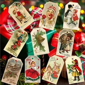50 Gift Tags Vintage Style Merry Christmas Wishes Paper Blessing Cards w/ Twine